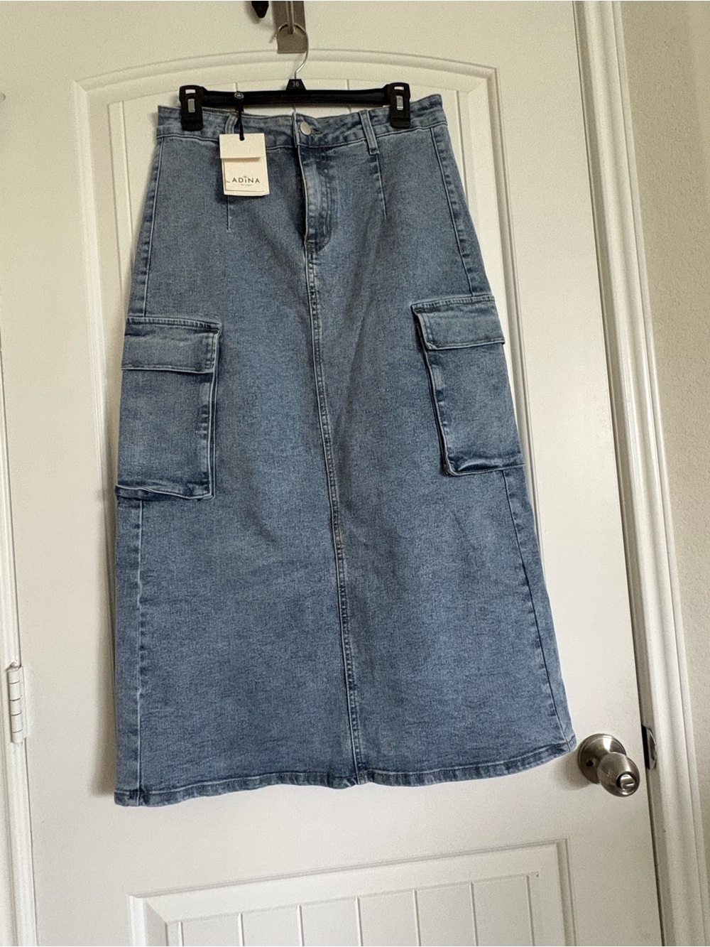 Light Blue Denim Cargo Maxi Skirt